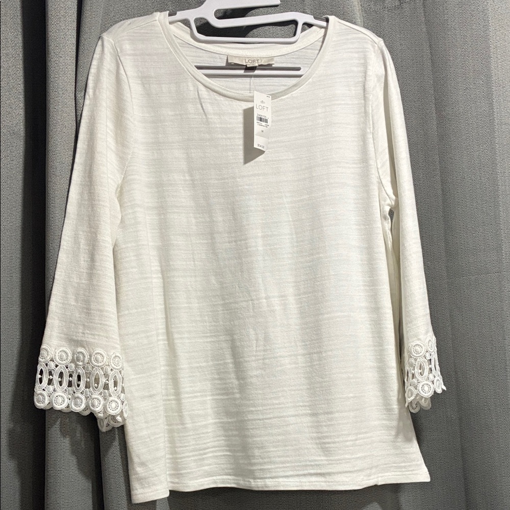 LOFT White Top with Crochet-Cuff 3/4 Sleeve 100% Cotton